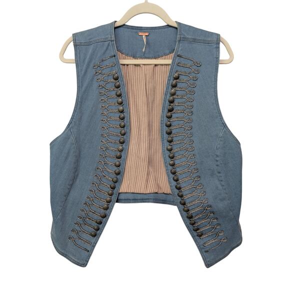 Free People Shrunken Military Vest Women L* Light Denim Blue Metal Buttons Lined - Picture 1 of 9